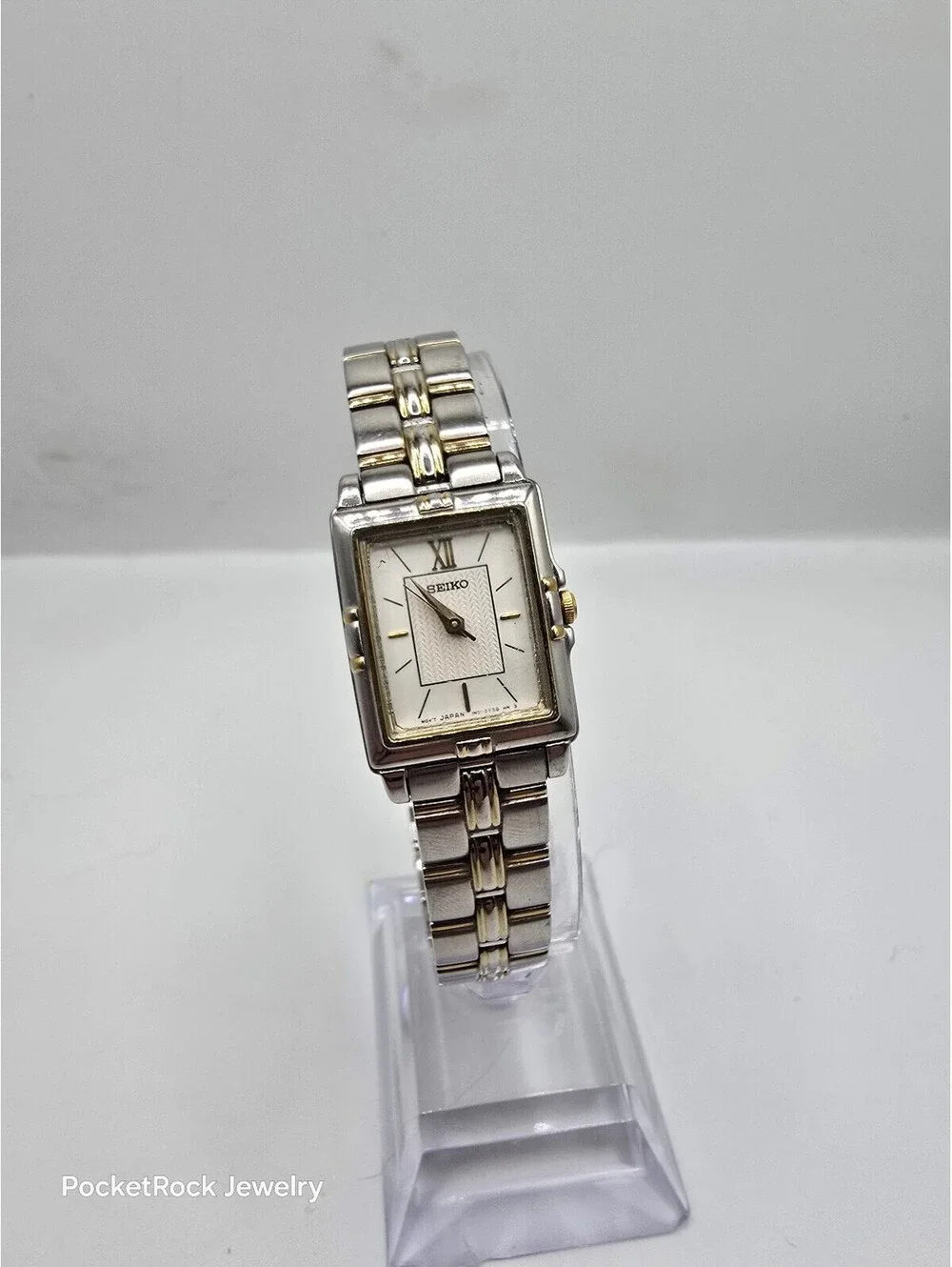 Seiko Women’s Rectangle Two-Tone Quartz Textured White Dial SS Bracelet SXGN46